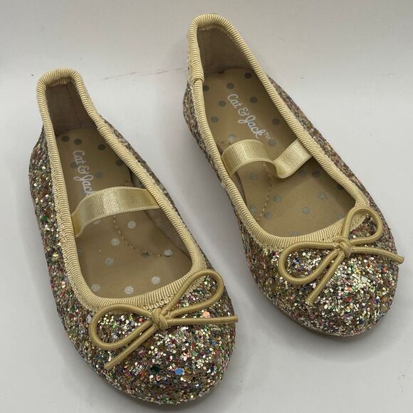 Cat & Jack Girls Size 5 Glitter Ballet Flats Gold Bow Sparkly Slip-On Dress Shoe - Picture 4 of 10